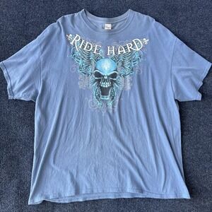 Ride Hard Shirt Mens 2XL Blue Skull Wings Biker Graphic Tee Gildan Heavy Cotton
